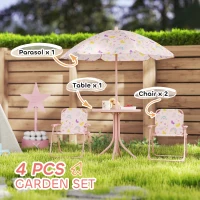 Qaba Kids Picnic Table and Chair Set, Outdoor Activity Table with Foldable Chairs, Removable Umbrella for Backyard, Pink(m-4)