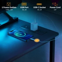 HOMCOM 58" Reversible L Shaped Computer Desk, Corner Desk with Monitor Stand, Power Outlets and LED Lights, Black(m-5)