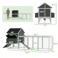 PawHut 137" Wooden Chicken Coop for 8-10 Chickens, Backyard, Gray(m-3)