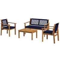 Outsunny 4 Piece Patio Sofa Set, Acacia Wood Outdoor Furniture with Cushions, Slatted Wood Top Coffee Table, Blue(m-1)