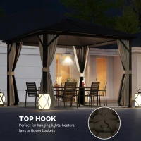 Outsunny 10' x 10' Hardtop Gazebo Outdoor Aluminum Gazebo Canopy with Mosquito Netting, Curtains, Hanging Hook, Brown(m-6)