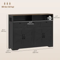 HOMCOM Sideboard, Buffet Cabinet with 4 Barn Doors and 3 Drawers, Coffee Bar Cabinet with Adjustable Shelves, Black(m-3)