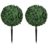 HOMCOM Artificial Boxwood Trees w/ Ground Stake, Set of 2 Ball Shaped Topiary Trees for Home Office & Living Room, UV Resistant