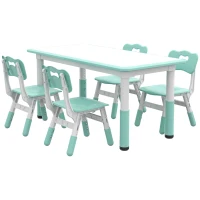 Qaba 5 Pieces Kids Table and Chairs, Height Adjustable Toddler Table and Chair Set with Storage, Easy to Wipe, Rectangular Table 4 Chairs for Classroom, for Daycare Classroom, 18 Months-5 Years, Green(m-11)