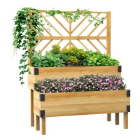 Outsunny 2 Tier Trellis Planter, Wooden Raised Garden Bed, Natural(m-1)