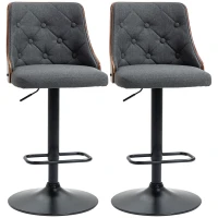 HOMCOM Counter Height Bar Stools Set of 2, Height Adjustable Swivel Barstools with Footrest and Tufted Back, Linen Fabric Bar Chairs, Dark Grey(m-1)