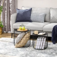 HOMCOM Coffee Table Set, Nest of Coffee Tables with Steel Wired Basket Body and Removable Top for Living Room, Black(m-10)