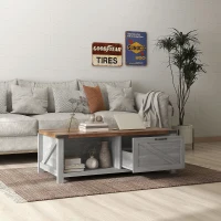 HOMCOM Coffee Table with Storage, Farmhouse Living Room Table with Storage Drawer and Open Shelf, Distressed Gray(m-10)