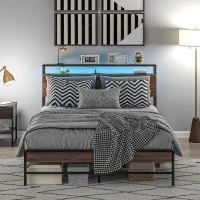 HOMCOM Queen Size Bed Frame with LED Lights and Charging Station, Queen Bed Frame with Storage Headboard, Noise-Free, Walnut(m-10)