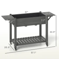 Outsunny Wood Raised Planter Box, Elevated Garden Bed with Lockable Wheels, Side Tables, Bottom Shelf, Drain Holes, Gray(m-3)
