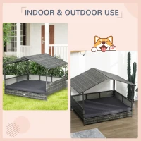 PawHut Outdoor Dog Bed with Canopy, Rattan Dog Bed with Soft Cushion Removable Cover for Medium and Large Dogs, Dark Gray(m-4)