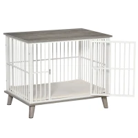 PawHut Dog Crate Furniture, Wooden End Table with Cushion & Lockable Door, Medium Size Pet Crate Indoor Puppy Cage, Grey(m-8)