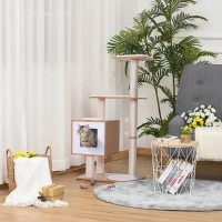 PawHut 47” Modern Cat Tree Multi-Level Scratching Post With Cube Cave Enclosure - Oak Wood and White(m-2)