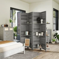 HOMCOM 4 Panel 67" Tall Wood Privacy Screen Room Divider with 3 Shelves and Folding Storage for Bedroom, Gray(m-10)