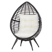 Outsunny Patio Wicker Egg Chair w/ Soft Cushion, Teardrop Cuddle Seat, Outdoor / Indoor Patio Chair, PE Plastic Rattan Furniture with Adjustable Height Feet Pads, Beige(m-1)