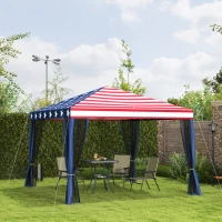 Outsunny 10' x 10' Pop Up Canopy Tent with Netting, Instant Gazebo, Screen House Room with Carry Bag, Height Adjustable, for Outdoor, Garden, Patio, Camping, American Flag(m-10)