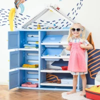 Qaba Kids Toy Storage Organizer with 4 Bins, Storage Cabinets, Bookshelf and 4-Layers Toy Collection Shelves, Blue(m-2)
