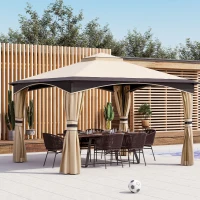 Outsunny 10' x 12' Outdoor Gazebo with Netting and Curtains, Patio Gazebo Canopy with 2-Tier Soft Top Roof and Steel Frame for Lawn, Garden, Backyard and Deck(m-2)