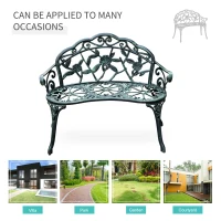 Outsunny Outdoor Bench, Cast Aluminum Outdoor Furniture, Metal Bench with Floral Rose Accent & Antique Finish, Green(m-7)