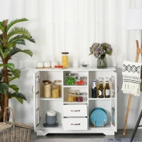 HOMCOM Sideboard Buffet Cabinet, Kitchen Cabinet, Coffee Bar Cabinet with 2 Framed Glass Doors, 2 Drawers and 2 Open Shelves for Living Room, White(m-7)