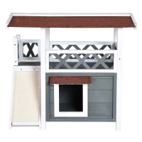 PawHut Wooden Cat House Outdoor with Sisal Ramp, 2-Story Feral Cat Shelter with Balcony, Asphalt Roof, Spacious Condo, Gray(m-8)