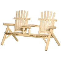 Outsunny 2-Seat Wooden Adirondack Chair, Patio Bench with Table, Outdoor Loveseat Fire Pit Chair for Porch, Backyard, Deck, Natural(m-11)