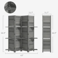 HOMCOM 4 Panel 67" Tall Wood Privacy Screen Room Divider with 3 Shelves and Folding Storage for Bedroom, Gray(m-3)