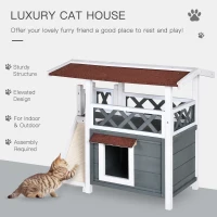 PawHut Wooden Cat House Outdoor with Sisal Ramp, 2-Story Feral Cat Shelter with Balcony, Asphalt Roof, Spacious Condo, Gray(m-4)