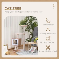 PawHut 47” Modern Cat Tree Multi-Level Scratching Post With Cube Cave Enclosure - Oak Wood and White(m-5)
