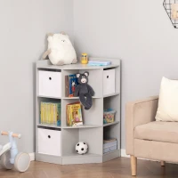 HOMCOM Kids Corner Cabinet, Cubby Toy Storage Organizer, Bookshelf Unit with Three Baskets for Playroom, Bedroom, Living Room, Gray(m-10)