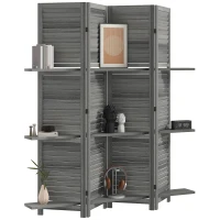 HOMCOM 4 Panel 67" Tall Wood Privacy Screen Room Divider with 3 Shelves and Folding Storage for Bedroom, Gray(m-1)