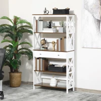 HOMCOM 4-Tier Shelving Bookcase Storage Cupboard with Pull Out Drawer, and Wooden Frame with X Bar Stability, White(m-10)