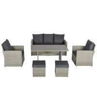 Outsunny Patio Dining Set, PE Rattan Furniture w/ 2 Chairs, Cushions & 3-Seat Sofa, Woodgrain Slatted Dinner Table, Mixed Gray(m-1)
