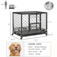 PawHut Heavy Duty Dog Crate, Metal Dog Cage Kennel with Lockable Wheels, Slide-Out Tray, Food Bowl and Double Doors, 42.5"(m-3)