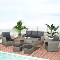Outsunny Patio Dining Set, PE Rattan Furniture w/ 2 Chairs, Cushions & 3-Seat Sofa, Woodgrain Slatted Dinner Table, Mixed Gray(m-2)