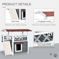 PawHut Wooden Cat House Outdoor with Sisal Ramp, 2-Story Feral Cat Shelter with Balcony, Asphalt Roof, Spacious Condo, Gray(m-5)