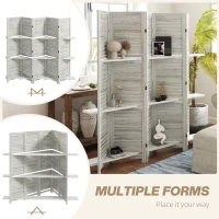 HOMCOM 5 Panel 67" Tall Wood Privacy Screen Room Divider with 3 Shelves and Folding Storage for Bedroom, Distressed White(m-7)