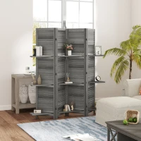 HOMCOM 4 Panel 67" Tall Wood Privacy Screen Room Divider with 3 Shelves and Folding Storage for Bedroom, Gray(m-2)