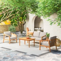 Outsunny 4 Pieces Acacia Wood Patio Furniture Set, Outdoor Sofa Conversation Set w/ Thickened Cushions for Backyard Garden, Teak(m-8)