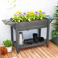 Outsunny Wood Raised Planter Box, Elevated Garden Bed with Lockable Wheels, Side Tables, Bottom Shelf, Drain Holes, Gray(m-10)