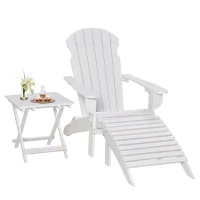 Outsunny 3-Piece Folding Adirondack Chair with Ottoman and Side Table, Outdoor Wooden Fire Pit Chairs w/ High-back, Wide Armrests for Patio, Backyard, Garden, Lawn Furniture, White(m-11)