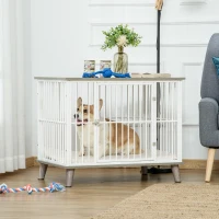PawHut Dog Crate Furniture, Wooden End Table with Cushion & Lockable Door, Medium Size Pet Crate Indoor Puppy Cage, Grey(m-2)