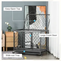 PawHut Heavy Duty Dog Crate, Metal Dog Cage Kennel with Lockable Wheels, Slide-Out Tray, Food Bowl and Double Doors, 42.5"(m-7)