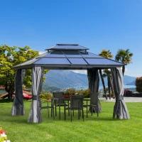 Outsunny 10' x 12' Hardtop Gazebo Canopy with Polycarbonate Roof, Aluminum Frame, Permanent Pavilion Outdoor Gazebo with Netting, for Patio, Garden, Backyard, Deck, Lawn, Light Gray(m-10)