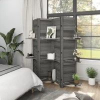 HOMCOM 4 Panel 67" Tall Wood Privacy Screen Room Divider with 3 Shelves and Folding Storage for Bedroom, Gray(m-8)