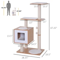 PawHut 47” Modern Cat Tree Multi-Level Scratching Post With Cube Cave Enclosure - Oak Wood and White(m-3)
