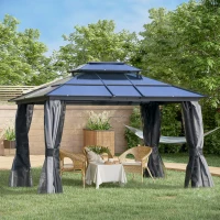 Outsunny 10' x 12' Hardtop Gazebo Canopy with Polycarbonate Roof, Aluminum Frame, Permanent Pavilion Outdoor Gazebo with Netting, for Patio, Garden, Backyard, Deck, Lawn, Light Gray(m-2)