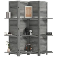 HOMCOM 4 Panel 67" Tall Wood Privacy Screen Room Divider with 3 Shelves and Folding Storage for Bedroom, Gray(m-11)