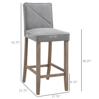 HOMCOM Modern Bar Stools Set of 2, Upholstered Barstools Kitchen Island Chair with Build-In Footrest, Solid Wood Legs, Gray(m-3)