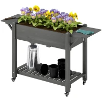Outsunny Wood Raised Planter Box, Elevated Garden Bed with Lockable Wheels, Side Tables, Bottom Shelf, Drain Holes, Gray(m-1)